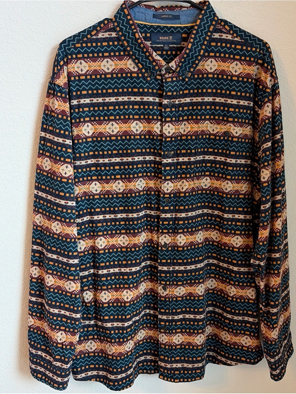 Roark Men's XL MACLEOD Cotton Long Sleeve Mini Cord Aztec Print Flannel Shirt